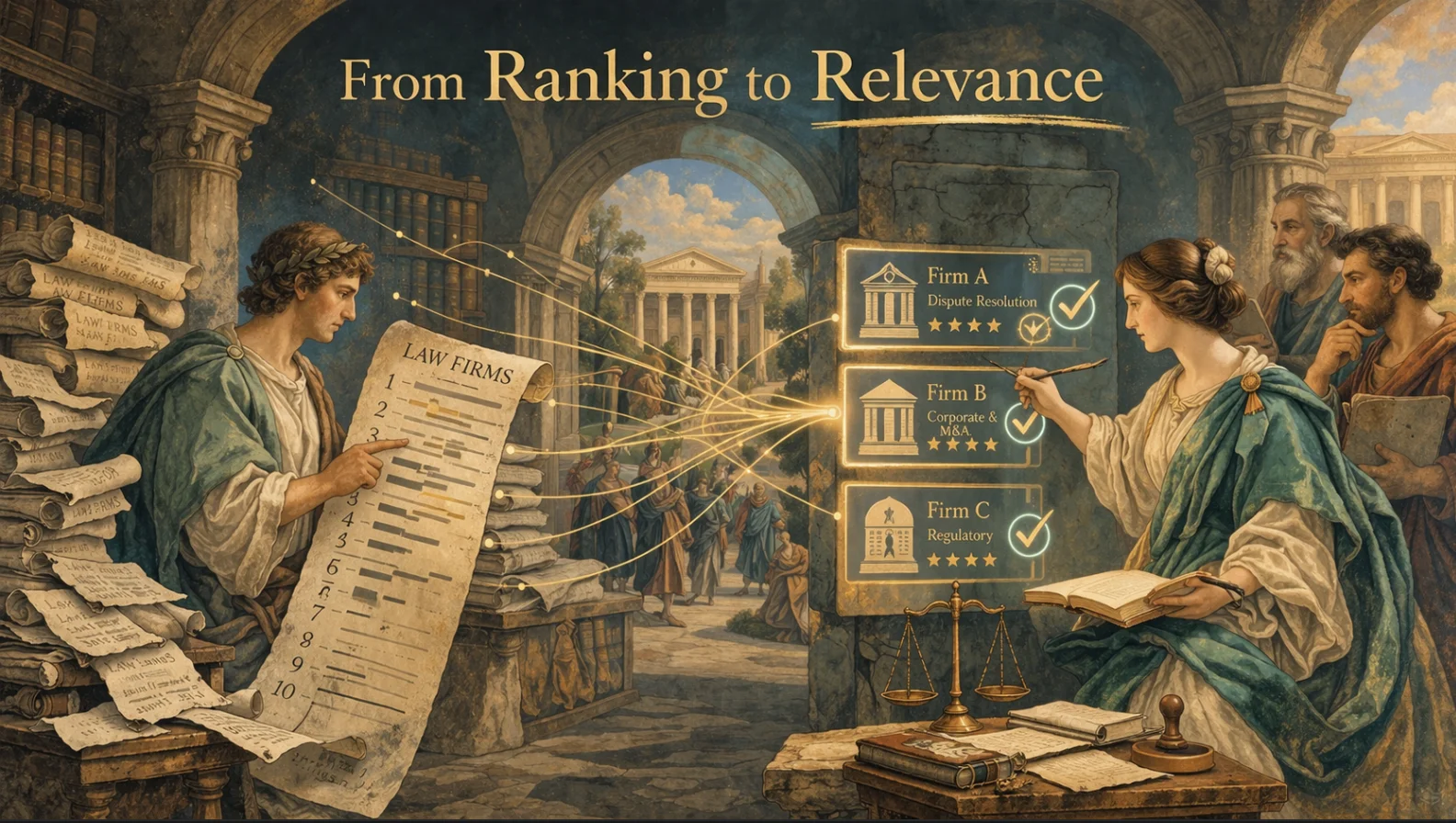 Illustration of AI shortlisting law firms based on relevance and expertise