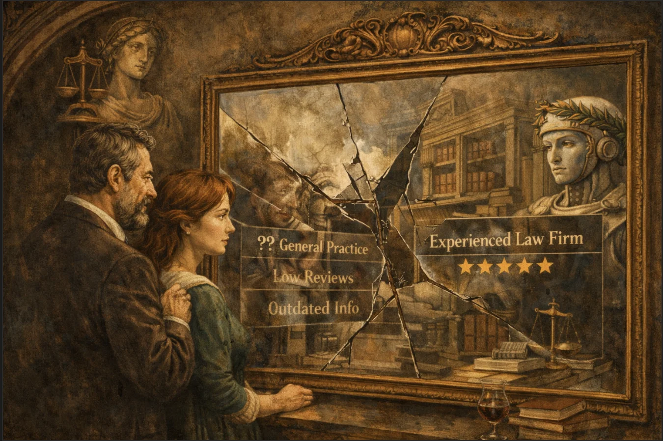 Illustration of AI judging and describing law firms through fragmented signals