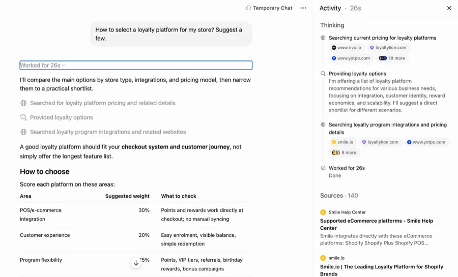 ChatGPT comparing loyalty platforms by store type, integrations, and pricing model without asking clarifying questions